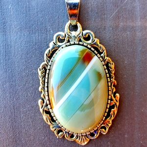 New Carved Copper Green Onyx Agate Oval Pendant.